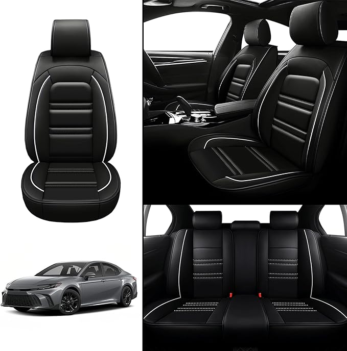 Seat Covers for Toyota Camry 2002-2025 | 5-Seats Leather Seat Covers, Easy to Install Automotive Seat Covers Full Set (Full Set, Black&White Line)