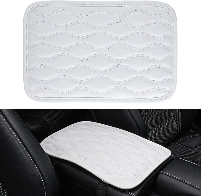 Amiss Auto Center Console Pad, Universal Waterproof Car Armrest Seat Box Cover, Car Interior Accessories, Leather Auto Armrest Cover Protector for Most Vehicle, SUV, Truck, Car (White)