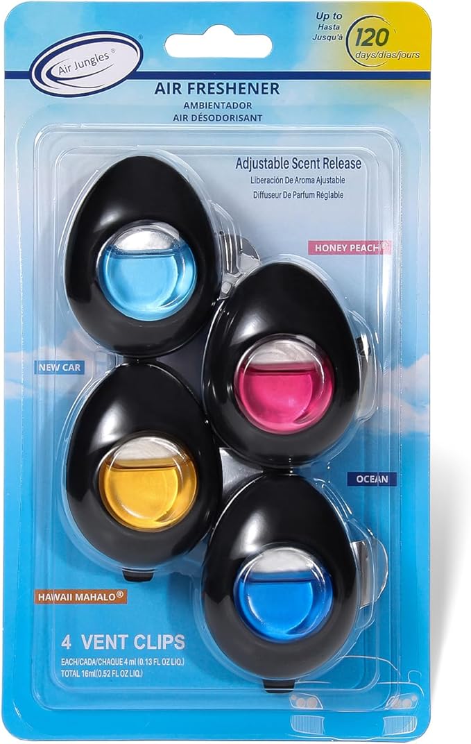 Air Jungles Car Air Freshener Vent Clip 4 Count, Variety Pack, New Car, Honey Peach, Ocean, Hawaii, 4 ml Each, Long-Lasting Car Odor Eliminator, Up to 120 Days Freshness for Auto