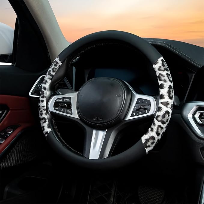 White Leopard Steering Wheel Cover Auto Leather Steering Wheel Protector, Anti-Slip, Breathable, Absorbing Sweat, Universal Leopard Car Accessories 14.5–15 inch,Fit for Most Car, Trucks, SUV