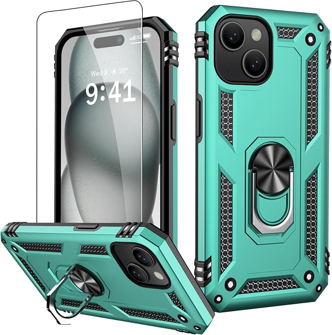 IKAZZ for iPhone 14 Plus Case 6.7 Inch with Screen Protector,Military Grade Shockproof Heavy Duty Protective Phone Cover Pass 16ft Drop Test with Magnetic Kickstand Car Mount Holder,Turquoise
