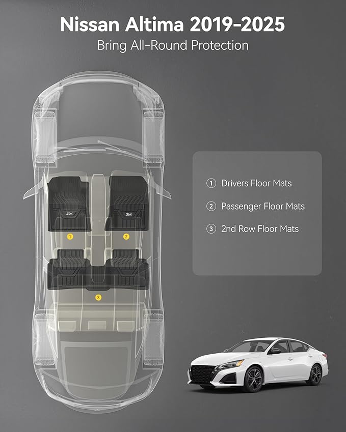 3W Floor Mats Custom Fit for Nissan Altima 2019-2023 2024 2025, TPE All Weather Accessories Custom Fit Floor Liner for Nissan Altima 1st and 2nd Row Full Set Car Mats