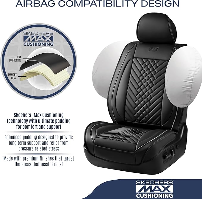 Skechers MAX Cushioning Car Seat Covers,Memory Foam Piping Leather Seat Covers,Waterproof Car Seat Protector Full Set,Car Seat Cushion Airbag Universal Fit for Most Cars,Vans,Trucks,SUV,Grey