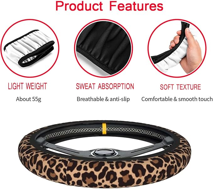 Steering Wheel Cover Leopard Print Steering Wheel Cover Car Accessories Universal 15 Inch Neoprene Auto Interior Decor Anti Slip Sweat Absorption Car Protector for Women Girls Adults