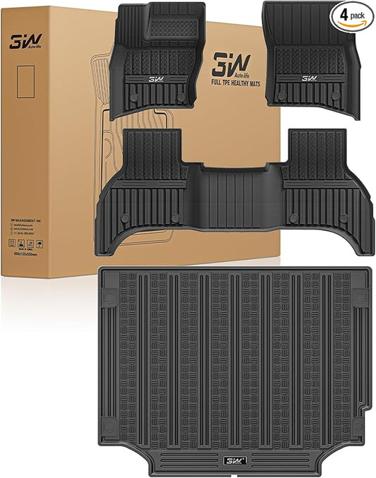 3W Floor Mats&Cargo Liner Fit Land Rover/Range Rover Defender 110 (4 Doors 5 Seat Only) 2020-2024 2025 (Not for Defender 110s/Rubber Flooring), TPE All Weather Custom Fit Floor Liner Full Set, Black