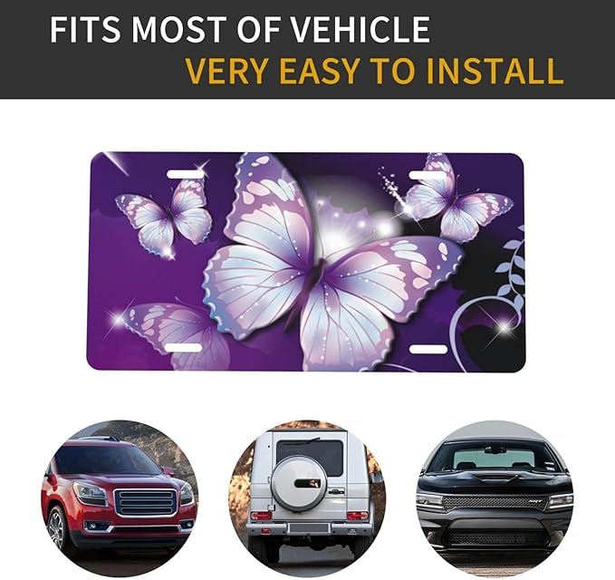 Purple Flower and Butterflies Front License Plate Aluminum Decorative License Plates Funny Metal Car Plate 6"X12" Novelty Vanity Tag Cover with 4 Holes Car Decor Accessory