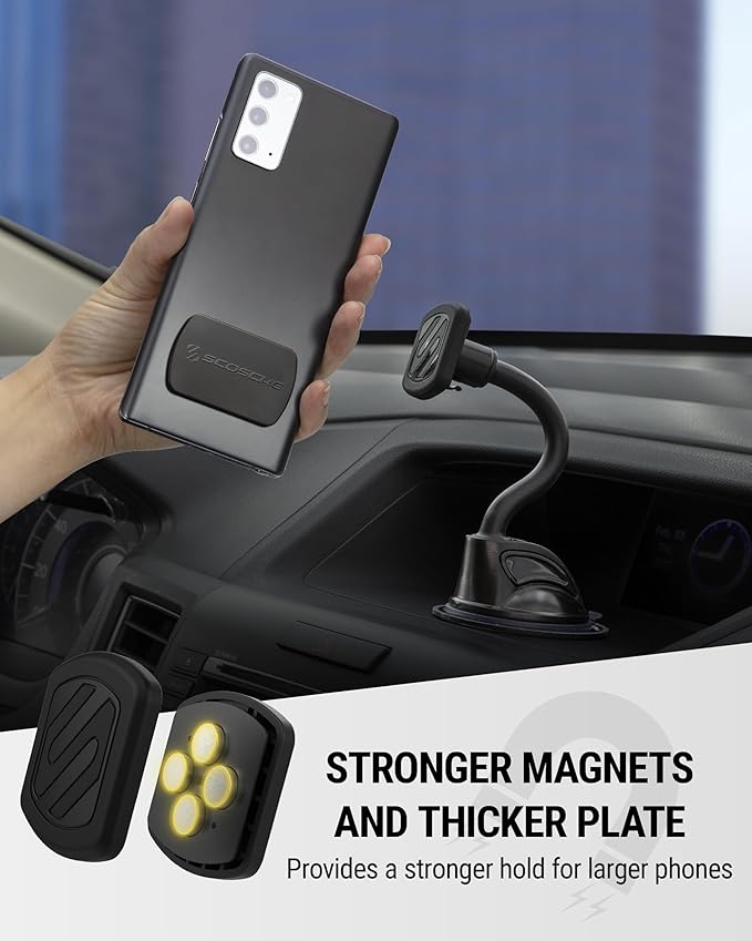 Scosche MXWDL Magnetic Cell Phone Car Mount, Suction Cup Phone Holder for Car Dashboard/Windshield with Extra Strong Magnet and Thick Metal Plate Compatible with iPhone, Samsung, and All Devices