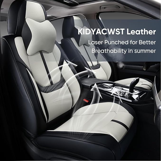 Auto Car Seat Covers Accessories Full Set Leather Cushion Protector Breathable Waterproof Seat Cover for Cars Universal Fit (Black&White, Front Pair and Rear)