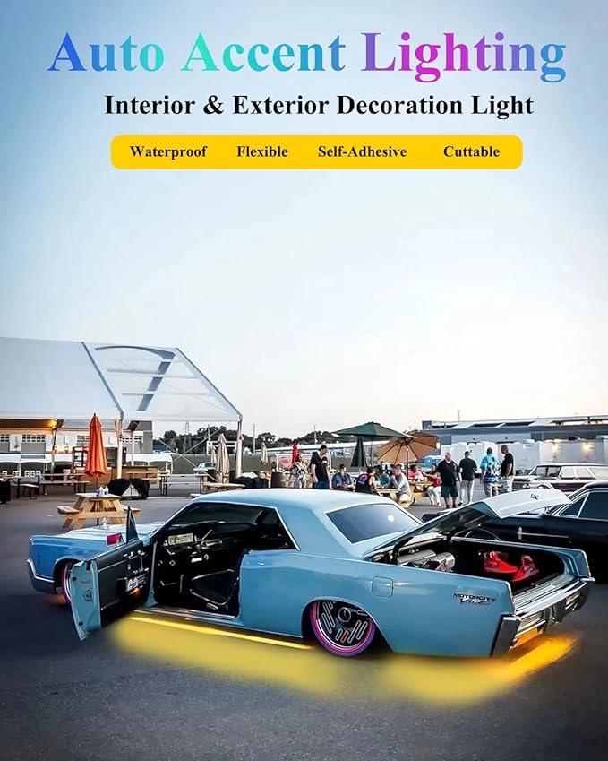 YM E-Bright Car Led Strip Lights Cuttable Underbody Ambient Led Lighting for Motorcycle Trucks Van Boat Night Fishing Interior Exterior Waterproof IP68 24inch 60CM 72SMD 12v,Yellow/Amber(Pack of 4)