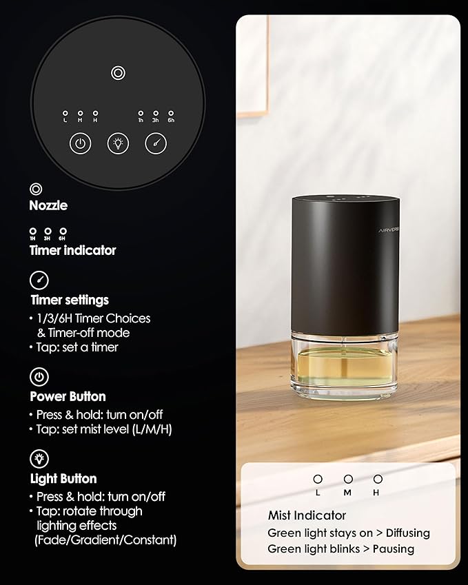 Airversa Essential Oil Diffuser Waterless Aromatherapy Diffusers for Home Large Room, Bedroom, Car, Office, Desk, Battery Operated, Small Diffuser for Pure Scent, 100mL Capacity, AN9 (Space Grey)