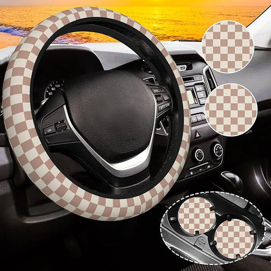 Khaki Checkered Steering Wheel Cover for Women,Universal Auto Steering Wheel 14-15 Inch Car Interior Accessories with 2PCS Car Coasters,Suitable for Men and Women