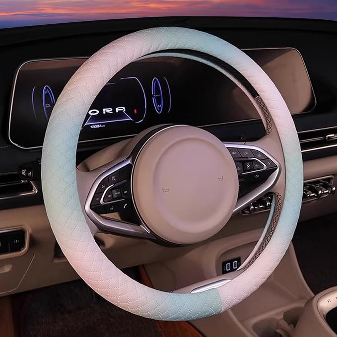 Steering Wheel Cover, with Non-Slip Lining, Cool in Summer Warm in Winter for Men Women, 14.5-15 Inch Non-Slip Breathable Leather Car Steering Wheel Protector