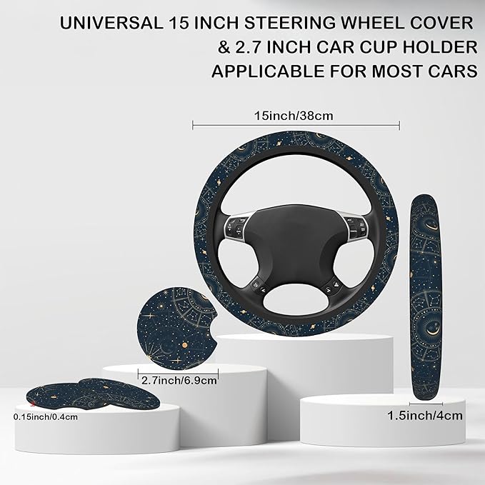Astrology Moon Star Steering Wheel Cover with 2 Pcs Car Coasters Neoprene Steering Wheel Cover for Women Men Anti-Slip Breathable Car Accessories Universal 15 Inch Fit Auto Cars Trucks