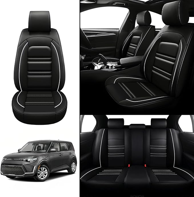 Seat Covers for kia Soul 2010-2025 | 5-Seats Leather Seat Covers, Easy to Install Automotive Seat Covers Full Set (Full Set, Black&White Line)
