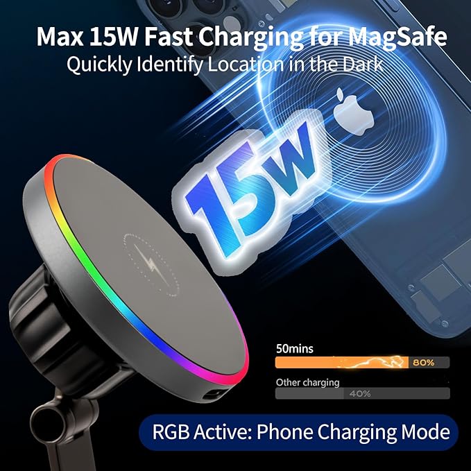 For iPhone MagSafe Car Mount Charger[15W Fast Wireless Charging, 120LBS Strongest Suction, 2800gf Strong Magnetic]360° Rotation Adjustable Car Phone Holders for Your Car Dashboard/Windshield
