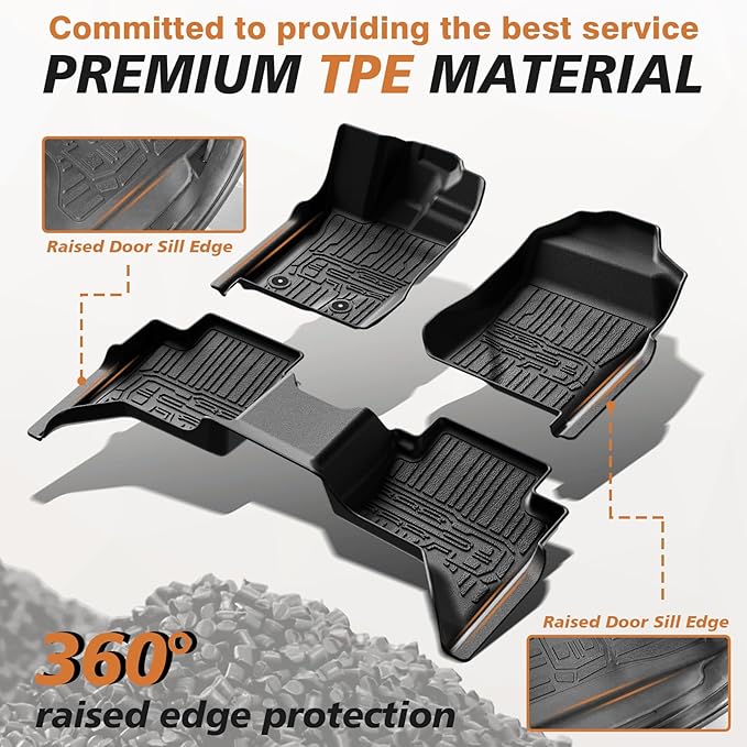 TripleAliners Floor Mats Compatible with Ford Ranger 2024-2025 SuperCrew Accessories All Weather Custom Fit 1st & 2nd Row TPE Truck Floor Liners Black