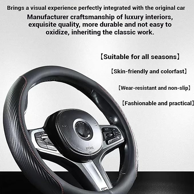 Premium Leather Steering Wheel Cover with Carbon Fiber Texture, Non-Slip Grip, Universal Fit for 14.5-15 Inch Wheels