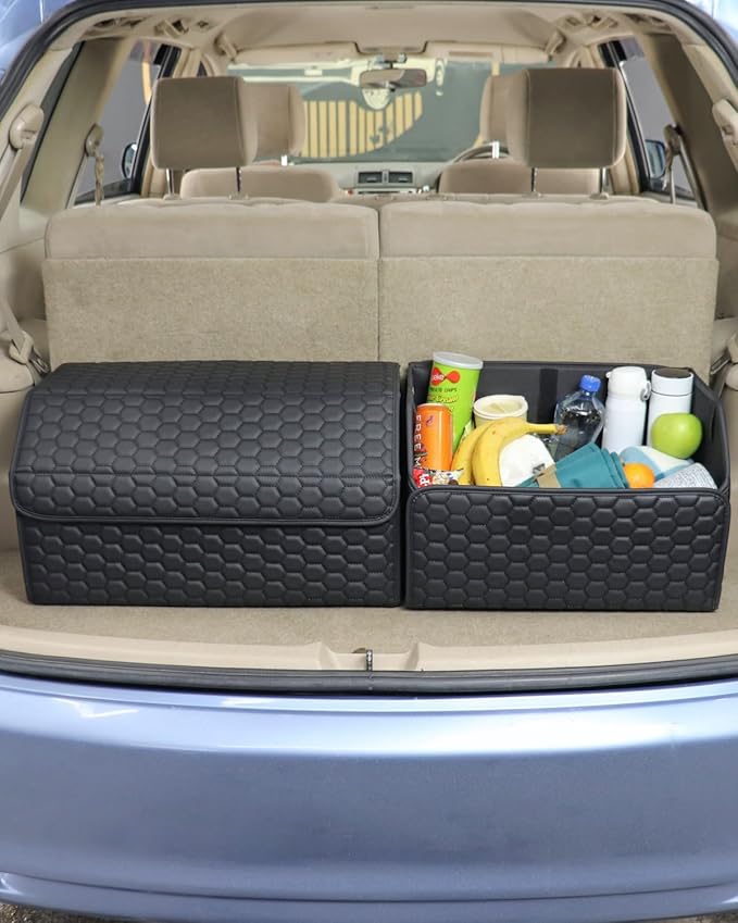 Owleys Car Storage Organizer Bundle - Two Foldable Crates For Groceries, Gear & Trips - Durable SUV And Truck Storage Set - Thoughtful Birthday Gifts For Drivers (Black 17+21)