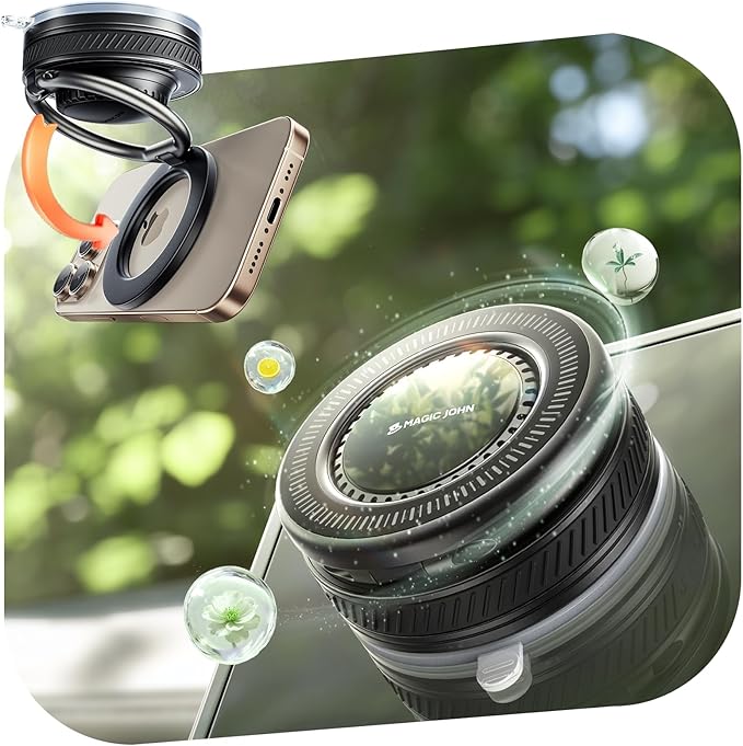 MAGIC JOHN Magnetic Phone Holders for Your Car [Car Aroma Mount] [2-in-1 Fragrance Diffuser & Phone Stand][Ultra-Suction Cup] 360° Adjustable Magnetic Phone Holder, Car Accessories for iPhone, Black