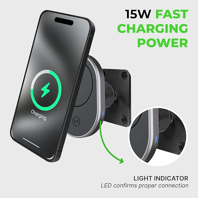 Wireles Charger Magnetic Phone Mount - Car Cell Phone Holder with AMPS Mounting Plate - Stand Compatible with iPhone 14/15/16/17/Samsung, Fast Charging (Drill Base AMPS Plate)