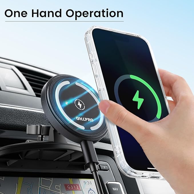 OHLPRO for 15W MagSafe Car Mount Charger for iPhone 17, Fast Wireless Charging, Magnetic CD Slot Holder with 3M Adhesive Base for Dashboard, Aluminum Shell, Compatible with iPhone 16 15 14 13 Series