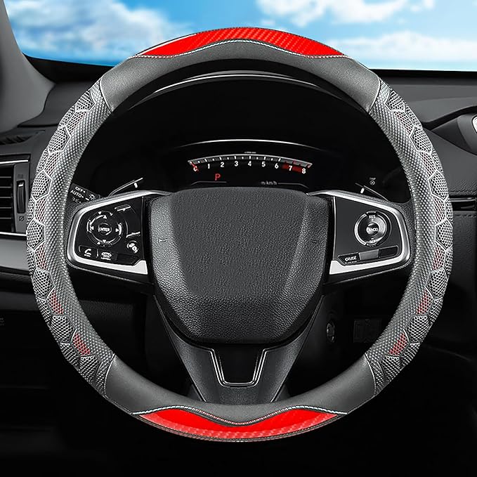 3D Honeycomb Red Steering Wheel Cover, 14.5-15 Inch Non-Slip Breathable Leather Car Steering Wheel Cover for Men Women