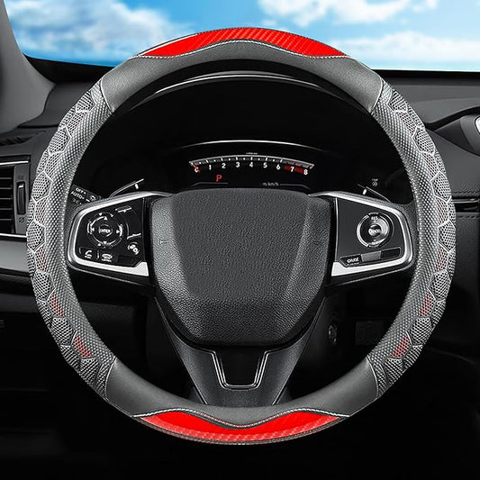 3D Honeycomb Red Steering Wheel Cover, 14.5-15 Inch Non-Slip Breathable Leather Car Steering Wheel Cover for Men Women