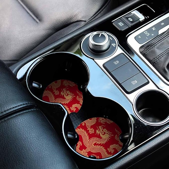 Dragon Car Cup Holder Coaster 2 Pack Absorbent Ceramic Car Coasters for Cup Holders Car Accessories Interior for Women Men Universal Anti Slip Cork Base Cup Coasters with Finger Notch