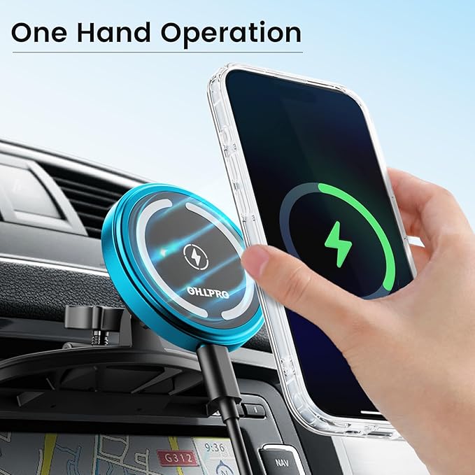OHLPRO 15W Magsafe Car Mount Charger for iPhone 17, Fast Wireless Charging Magnetic CD Slot Holder with 3M Adhesive Base for Dashboard, Aluminum Shell, Compatible with iPhone 16/15/14 Pro Max, Blue