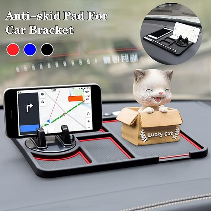 Anti-Slip Mat with Mobile Phone Holder, 4 in 1 Mobile Phone Anti Slip Pad, Dashboard Cell Phone Holder, with Temporary Parking Number, Detachable & Washable (Red)