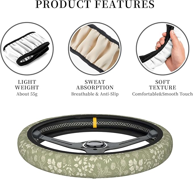 Green Leaf Plant Steering Wheel Cover for Women, Universal 15 inch Breathable Anti Slip Steering Wheel Covers for Cars, Auto, SUVs