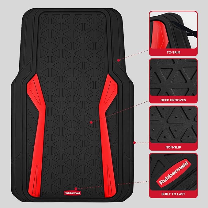 Rubbermaid Car Floor Mats Full Set,Premium Heavy Duty All-Weather Car Mats– Rugged Rubber with Brushed Aluminum Inserts, Universal Trim-to-Fit, Anti-Slip Backing for Cars, SUVs, Trucks & Vans - Red
