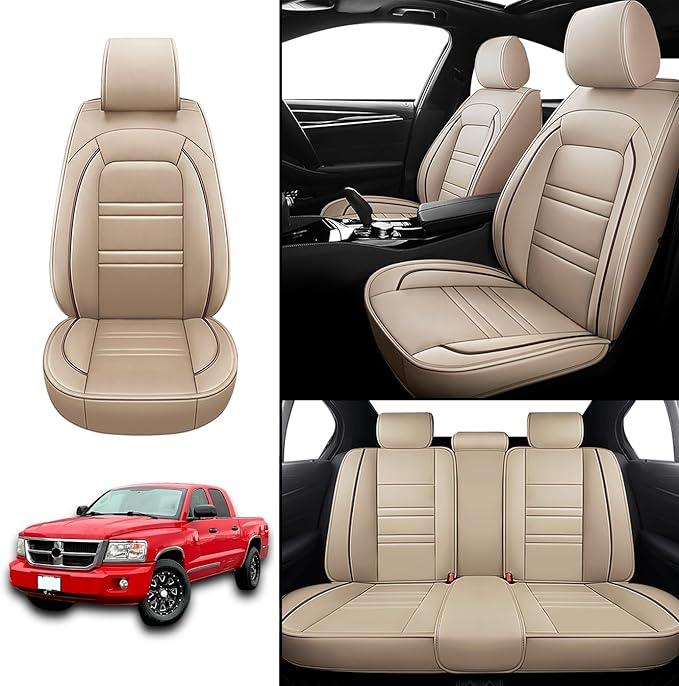 Seat Covers for Dodge Dakota 2000-2011 | 5-Seats Leather Seat Covers, Easy to Install Automotive Seat Covers Full Set (Full Set, Beige)