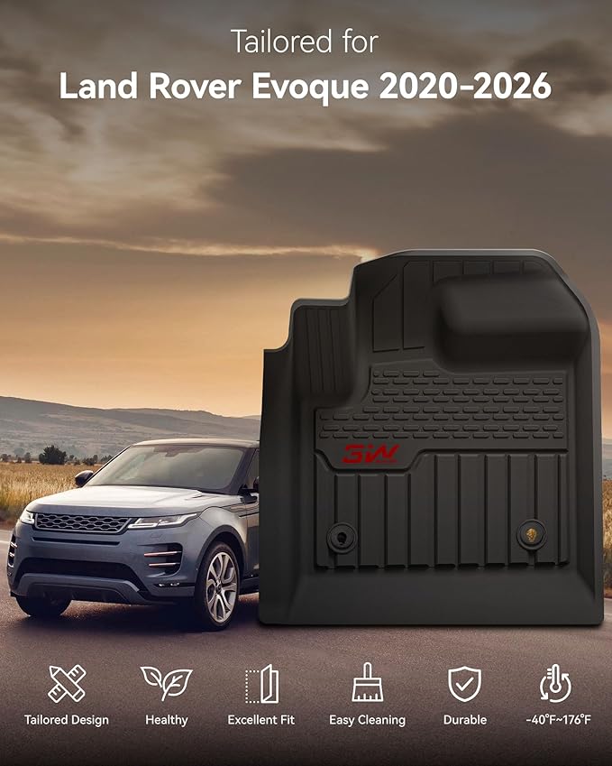 3W Floor Mats Fit for Land Rover/Range Rover Evoque 2020-2024 2025 2026, TPE All Weather Custom Fit Floor Liner,1st & 2nd Row Full Set TPE All-Weather Car Mats with Red Logo, Black