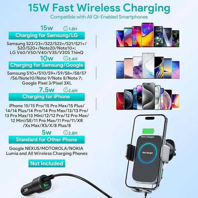Wireless Car Charger, 15W Auto-Clamping Charger Mount, Air Vent Car Charging Holder for iPhone 15 14 13 12 11 Pro Max Plus Mini X Xr Xs, Samsung S23 S22 S21 S20 Note 20, Google, LG, etc