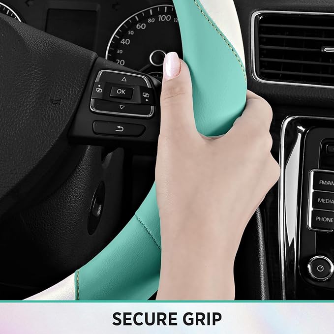 Road Comforts Steering Wheel Cover – Breathable Leather Steering Wheel Cover, Anti-Slip Grip, Universal Fit 14.5” to 15”, Heat & Cold Resistant for Cars, SUVs, and Trucks –Shining White & Mint