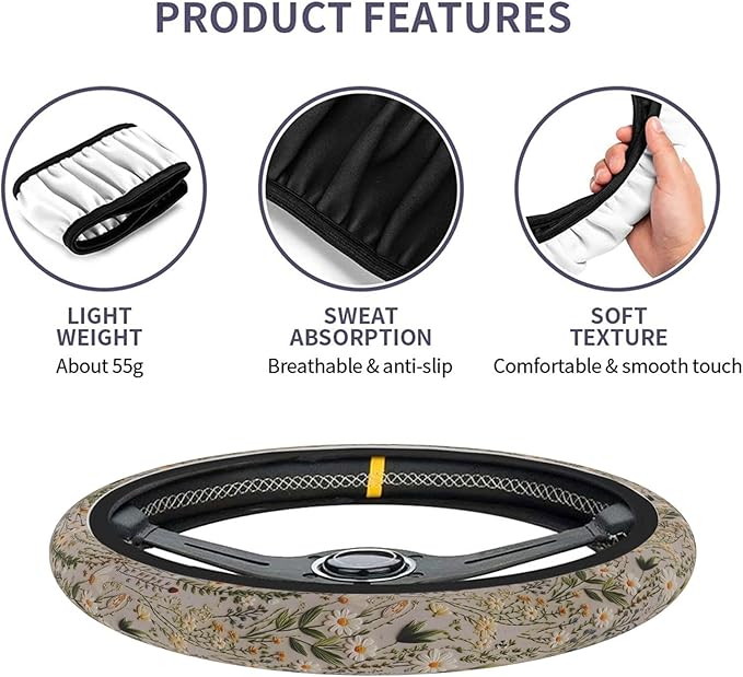Steering Wheel Cover, Retro Wildflowers Flowers Steering Wheel Cover for Women Men Universal 15 Inch Steering Wheel Protector Fit Auto SUV Sedan Vans Trucks