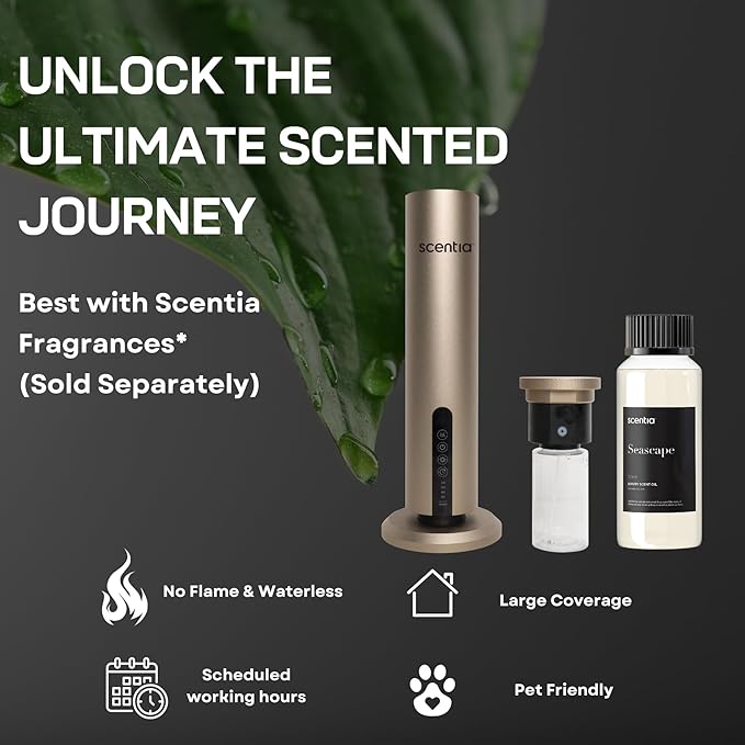 Scentia Max Diffuser for Home – Waterless Scent Diffuser with Wireless Control & Programmable Settings | Covers 1500 Sq Ft | Cold-Air Technology | Gold | Hotel Oils Included