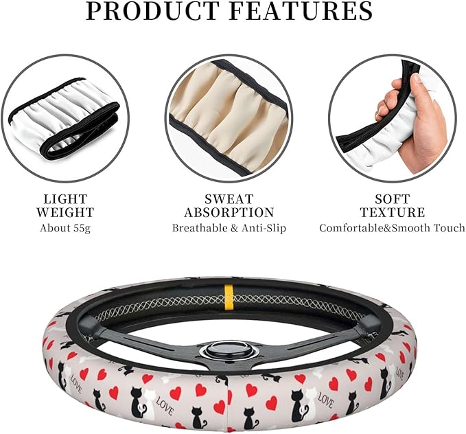 Dujiea Cats On A Love Elastic Stretch Steering Wheel Cover, Anti-Slip and Durable Car Steering Wheel Accessories for Women Men, 15 Inch Universal Fit Car, Truck, SUV