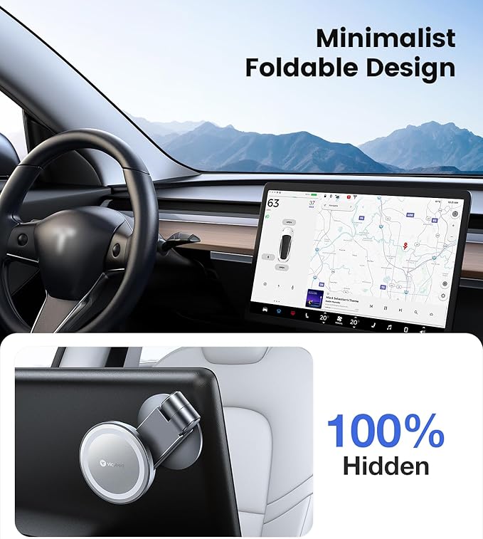 VICSEED Tesla Phone Mount【Strongest Magnet Power】 Foldable Hidden Tesla Phone Holder Fit for All Phones, Tesla Model 3/Y/Cybertruck Accessories, Tesla Model 3 Model Y for MagSafe Car Mount-Quicksilver