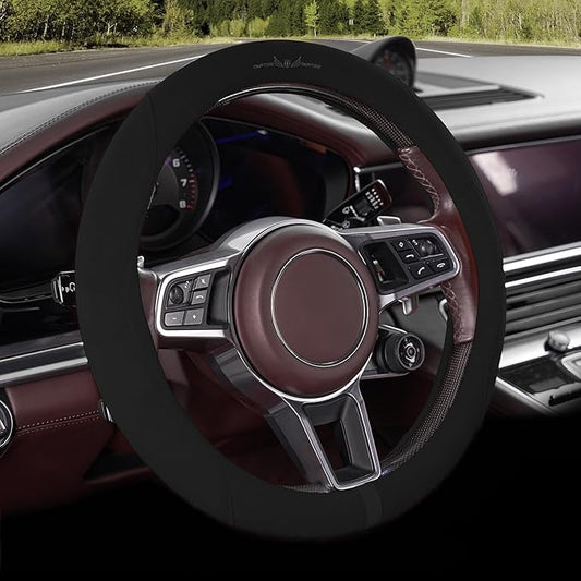 OURTIME Faux Suede Car Steering Wheel Cover, Universal 15 inch,Non-Slip,Comfortable,Soft,Microfiber Breathable Suede Fabric,Warm in Winter and Cool in Summer (Black)