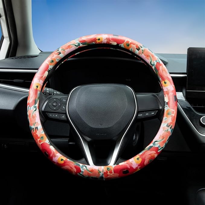 Poppy Coral Pink Flowers Steering Wheel Cover Auto Jacquard Steering Wheel Protector, Anti-Slip, Breathable, Absorbing Sweat, Universal Car Accessories 14.5–15 inch,Fit for Most Car, Trucks, SUV