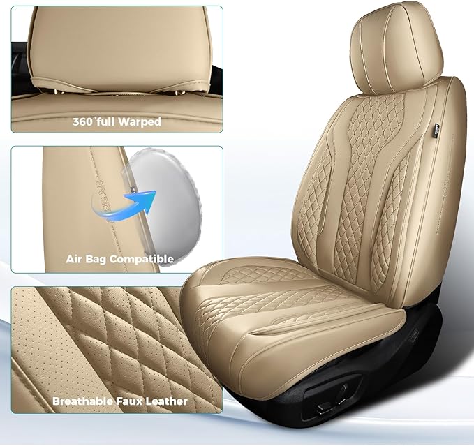 Leather Car Seat Covers - Breathable Faux Leather Seat Covers Full Set for Cars SUV Sedan - Waterproof - Beige