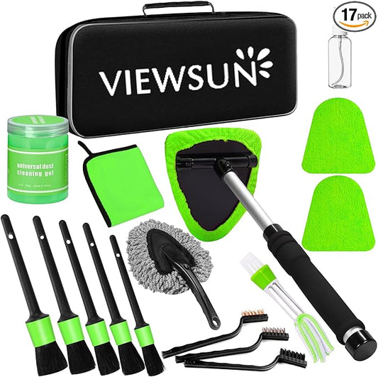 Viewsun Green Windshield Cleaner Tool, 17Pcs Car Interior Cleaning Kit, Detailing Kit Interior Cleaner, Car Detailing Brushes, Cleaning Gel, Inside Cleaning Accessories for Trucks, SUVs, RVs Window