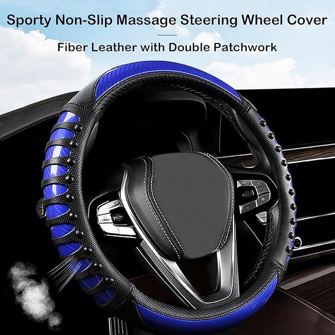 3D Massage Blue Carbon Fiber Leather Steering Wheel Cover, 14.5-15 Inch Non-Slip Breathable Microfiber Car Steering Wheel Protector