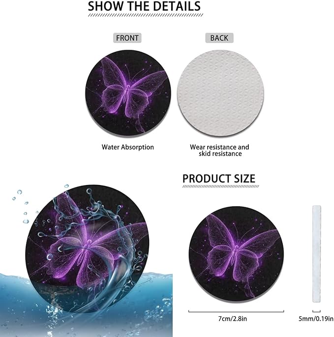 Butterfly Car Interior Accessories Purple Butterfly Car Steering Wheel Cover for Women Cup Coaster Handbrake Gear Cover Suit for Most Cars Truck Vans SUV 6pcs