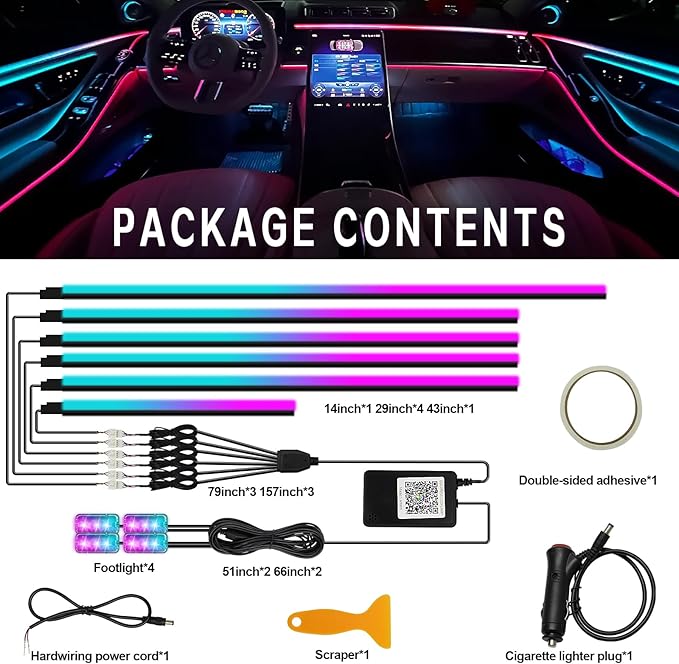 Dreamcolor Acrylic Interior Car Light 10 in 1 Automotive Ambient Light Kits with APP Control 16 Million Color 175 inches Fiber Optic Car LED Strip Light, RGB Music Sync Neon Car Lighting