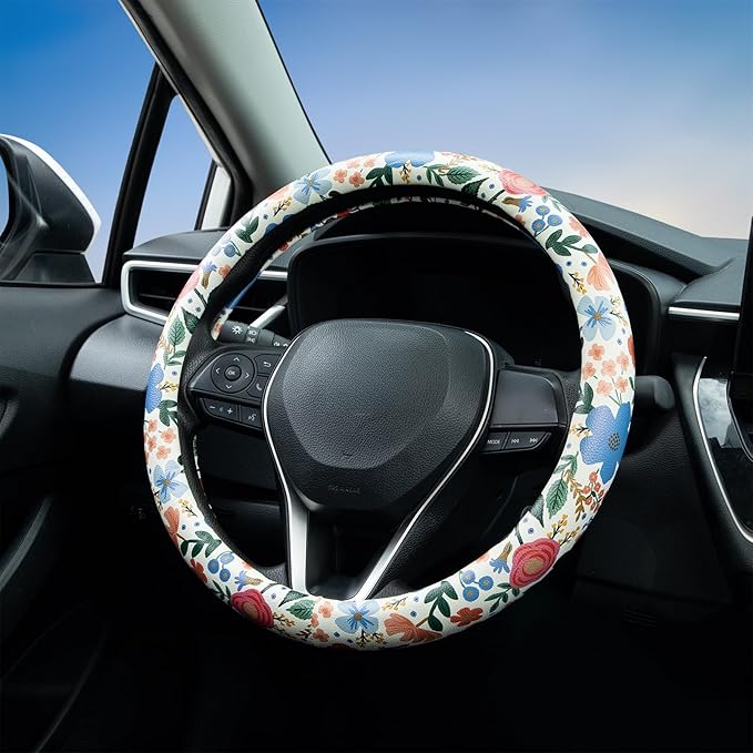 Wild Rose Steering Wheel Cover Auto Jacquard Steering Wheel Protector, Anti-Slip, Breathable, Absorbing Sweat, Universal Car Accessories 14.5–15 inch,Fit for Most Car, Trucks, SUV