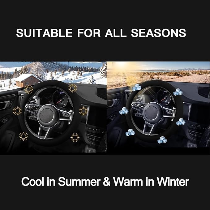 Suede Steering Wheel Cover with Upgraded Silicone Inner Ring, Anti Heat, Breathable, Anti-Slip, Leather Universal 14.5 to 15 inch Steering Wheel Cover (Pure Black)