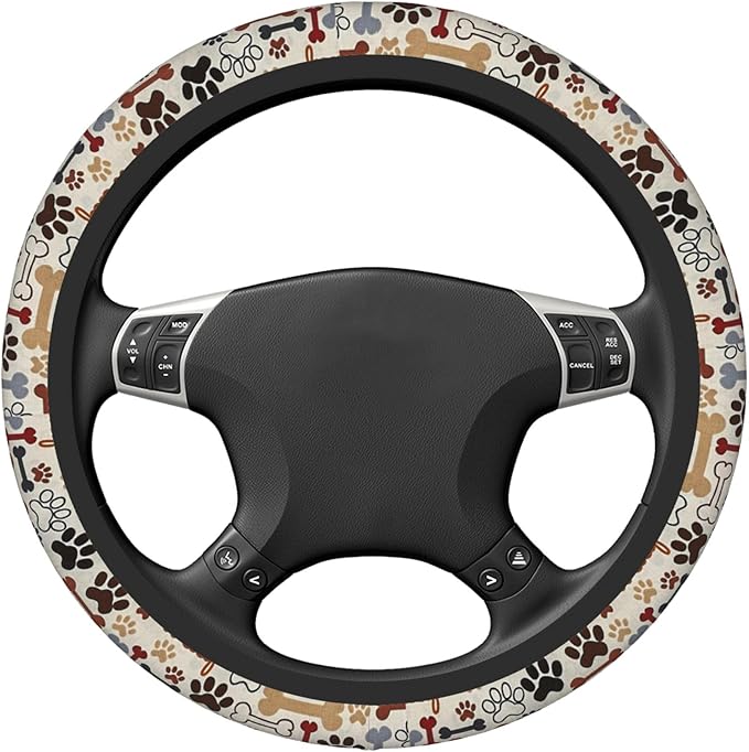 Paw Prints Steering Wheel Cover for Women Men, 15 Inches Brown Dog Cat Paw Neoprene Anti-Slip Cute Universal Car Steering Wheel Grip Wrap Car Accessories Protective Case Cover for Vehicle Truck SUV